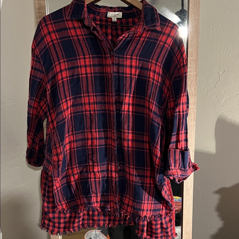 Umgee Red and Blue Plaid 3/4 Cuffed Sleeve Button Up with Raw Hem